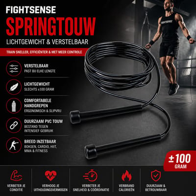 FIGHTSENSE Springtouw – Verstelbaar Speed Rope – Lichtgewicht – Fitness, Boksen, Cardio – Zwart