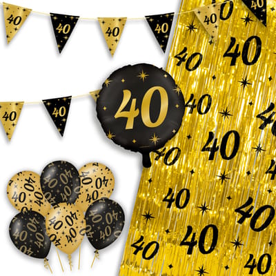LUQ – Party Essentials 40 Jaar – Zwart-Goud Verjaardag Feest Versiering – Luxe Ballonnen-Slingers-Vlaggenlijn-Gordijn