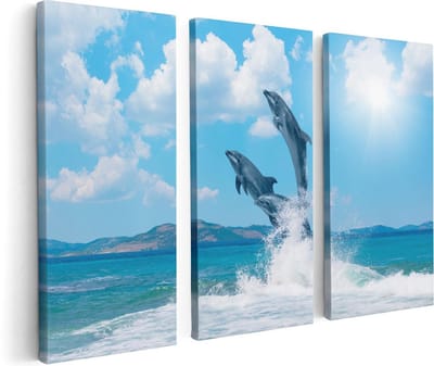 Artaza Canvas Schilderij Drieluik Dolfijnen Springen uit het Water - 120x80 - Foto Op Canvas - Canvas Print
