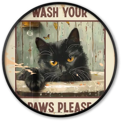 Poster in lijst Rond - Fotolijst 60x60 cm - Posters - Vintage - Kat - Quotes - Wash your paws please - Spreuken - Ronde posterlijst zwart - Decoratie - Wanddecoratie woonkamer - Muurdecoratie slaapkamer