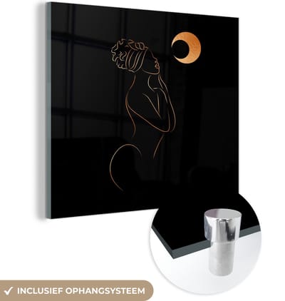 MuchoWow® Glasschilderij 50x50 cm - Schilderij acrylglas - Vrouw - Maan - Black and gold - Line art - Foto op glas - Schilderijen
