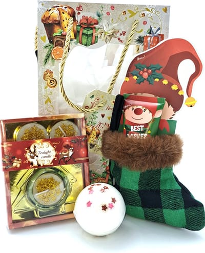 Kerst Cadeaupakket voor Vrouw, Moeder, Vriendin of Collega – Bruisballen, Voetcrème "Suikerpruim" & Theelichtje – Geschenkdoos