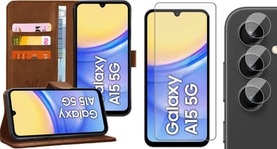 Hoesje geschikt voor Samsung Galaxy A15 - Screenprotector Glas & Camera - Portemonnee Book Case Bruin