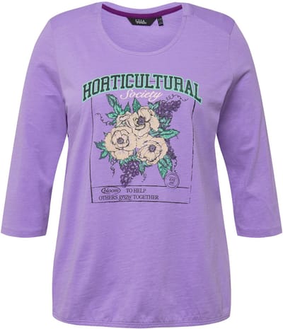 Ulla Popken - Dames - Shirt bloemenmotief elastische zoom ronde hals 3/4-mouwen - Blauwe lila - Maat 46+