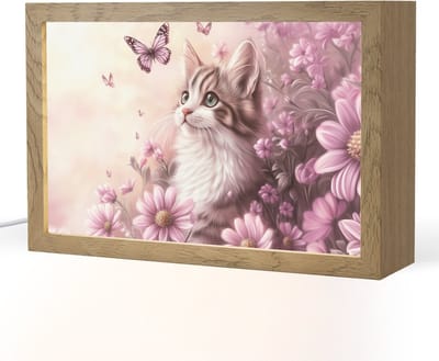 Nachtlampje 30x20 cm - Kinder lampje - Kitten - Bloemen - Vlinders - Paars - Tafellamp kinderkamer - Slaapkamer lamp - Bedlamp kinderen - Kinderlampje stopcontact - Wandlamp babykamer - Nachtlampjes