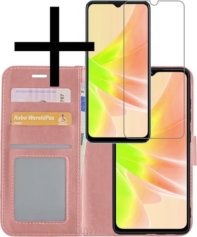 Hoesje - Met Screenprotector - Geschikt voor OPPO A17 - Luxe Pasjeshouder - Bookcase Portemonee - Flip Case - Kunstleer Book Case - Flipcase - Book Cover - Walletcase - Portemonneehoes - Rosé goud