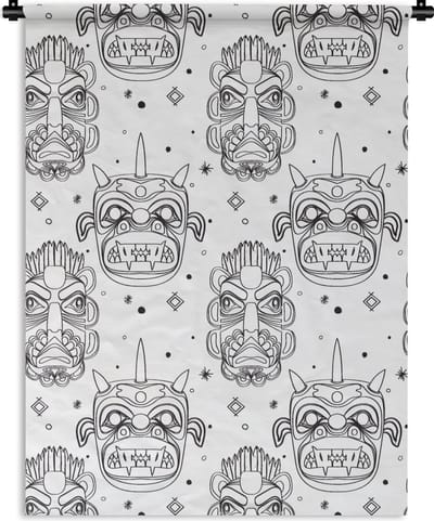 Wandkleed - Wanddoek - Maskers - Inca - Patroon - Zwart-Wit - 90x120 cm - Wandtapijt