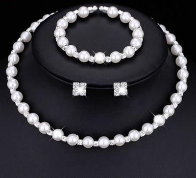 Fler® | Verstelbare Dames Sieraden Set |Vintage set | Halsketting met hanger | Oorbellen | Armband | Parel halsketting stijl | Glas parel | Valentijnsdag cadeau | Kerst cadeau Wit
