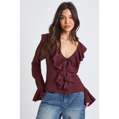boohoo Dames Kreukelig getextureerde blouse met strik vooraan | Chocolate | Maat: 8