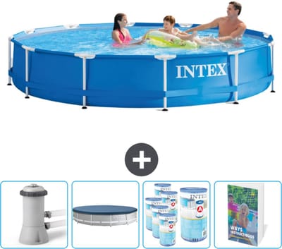Intex Rond Frame Zwembad - 366 x 76 cm - Blauw - Inclusief Zwembadfilterpomp - Afdekzeil - Filters - Zwembadgids