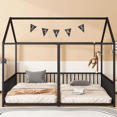 BLACKCOLORS Dubbel hutbed 90x200 cm x2 kinderen Leuning Ladder Huismodel Dubbel bed Design IJzeren frame Zwart