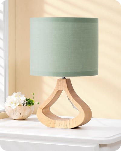 Moderne houten tafellamp met linnen lampenkap - groen - 34 cm - E27 fitting - LED lamp - woonkamer - TV meubel