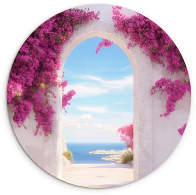 WallCircle® Wandcirkel 120x120 cm - Muurcirkel Zee - Roze - Bloemen - Poort - Muurdecoratie woonkamer - Wanddecoratie slaapkamer - Kamer decoratie accessoires - Ronde schilderijen XXL