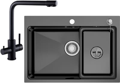 CECIPA MAX Spoelbak Keuken 68x48CM - Spoelbakken Keuken Met 3 Wege Keukenkraan - Enkele spoelbakken RVS Donkergrijs - Met Korf, Zeepdispenser en Afvoerset - Voor 80 cm Kast