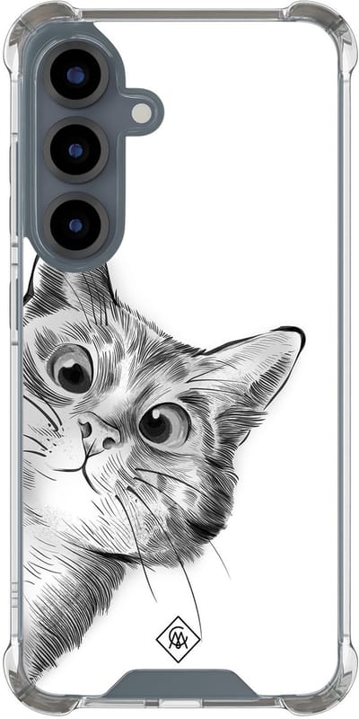 Casimoda® hoesje - Geschikt voor Samsung Galaxy S25 - Kat Kiekeboe - Shockproof case - Extra sterk - TPU/polycarbonaat - Grijs, Transparant