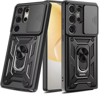 Casemania Hoesje Geschikt voor Samsung Galaxy S25 Ultra - Zwart - Anti-Shock Hybrid Armor Back Cover - Hoes met Kickstand Ring en Camera Bescherming