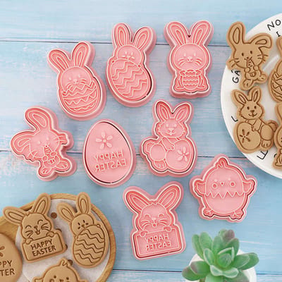 Uitsteekvormen en Stempels - Paashaasjes - Paashaas - Easter Bunny - Set van 8 - 8 Uitsteekvormen + 8 Stempels - Koekjes Vormen - Cookie Cutter - Cookie Mould - Kinderen - Bakken - Cadeau - Pasen - Happy Easter - Vrolijk Pasen