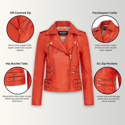 Dames leren oranje Brando bikerjack - Loddon