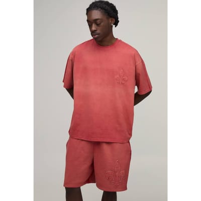 Oversized Gothic Fleur De Lis Applicatie Gewassen T-shirt & Baggy Short Set | Rust | Size XS