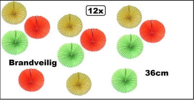 12x Lampion rood/geel/groen 36cm - Fireproof - Carnaval thema feest festival optocht fun