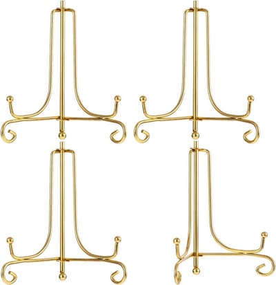 SnelShoppen - 4 Pcs Metalen Sign Stand, IJzeren Presentatiestandaard voor Expositie, Foto's en Tafelkunst, Vintage Design, Verstelbaar, Goud, 10cm