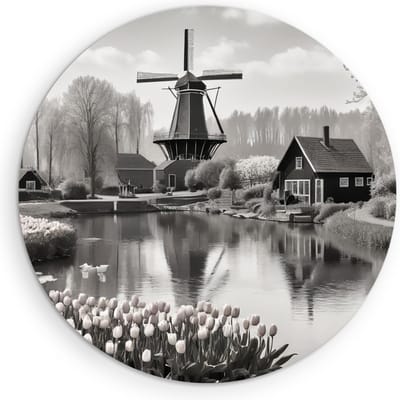 Saammp Muurcirkel Hout - Landschap - Molen - Zwart-Wit - Natuur - Ø 90 - Wandcirkel - Wanddecoratie Cirkel - Muurdecoratie Woonkamer - Slaapkamer decoratie - Rond Schilderij