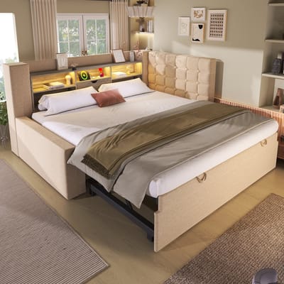 Slaapbank 90x200 cm met lade - met uitschuifbaar bed en LED-licht - L-vormig hoofdeinde met opbergruimte - beige - zonder matras