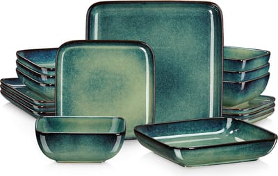 LooMar Premium Serviesset – 16 delig – 4 persoons – Keramiek - Luxe – Blauw – Groen - Bordenset – Vierkant - Glazuur