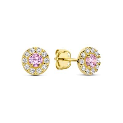 9NBG-0975 - New Bling - Oorbel met witte en roze zirkonia - 14kt geelgoud - 5.6 x 5.6 mm