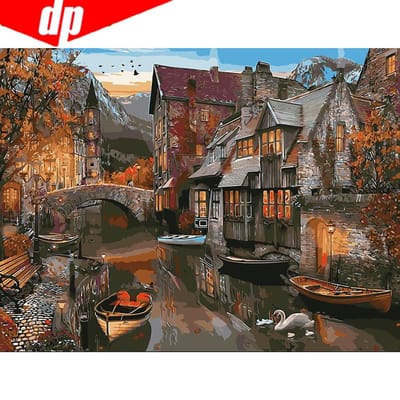 Klein stadje landschap verf canvas handgeschilderde muurkunst landschap olieverfschilderijen op nummer cadeau 20X30CM