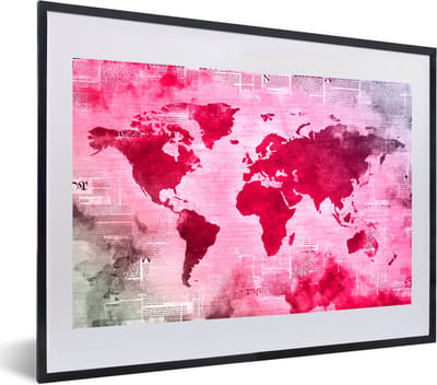 Poster in lijst - Fotolijst 60x40 cm - Posters - Wereldkaart - Rood - Krant - Posterlijst zwart - Decoratie - Wanddecoratie woonkamer - Muurdecoratie slaapkamer