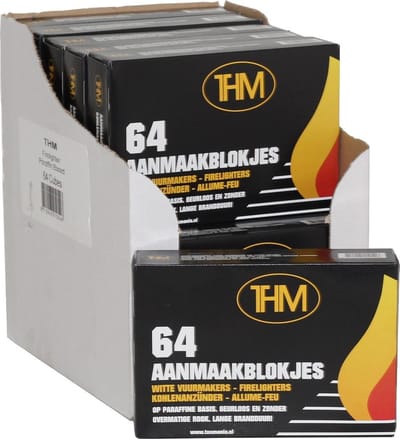 THM Witte Aanmaakblokjes Paraffine - 64 Stuks in Omdoos (12 Pakjes) - Ideaal voor Haard en Barbecue