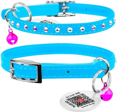 WAUDOG Glamour Star Kattenhalsband - Echt Leder - Blauw - Gratis QR-tag - XXS - Breedte: 9 mm - Nekomtrek: 22 - 30 cm (GELIEVE ALVORENS BESTELLEN OPMETEN)