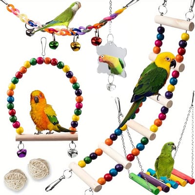 Vogel Speelgoed Set - Parkiet Accessoires - Kooi Verrijking - 7 Delig Natuurlijk Hout - Diverse Stukken - Kleurrijk