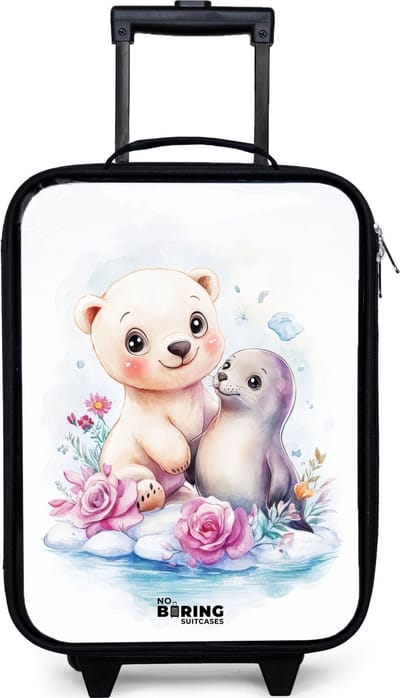 NoBoringSuitcases.com® - Kinderkoffer jongen - Kindertrolley meisje - IJsbeer en zeehond op een ijsschots - Koffer kind lichtgewicht - Reiskoffer trolley voor kinderen - Koffertje met lichtgevende wieltjes - Rolkoffer zwart