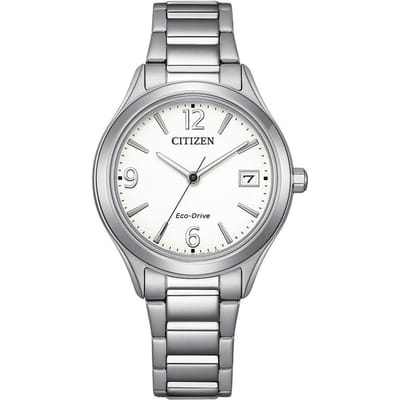 CITIZEN Série Eco-Drive Étanche 50 Mètres Affichage de la Date Mode Solaire Quartz Bracelet en Acier 33,5 mm Montre Femme Cadran Blanc FE6121-67A blanc