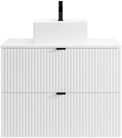 Vente-unique Hangend, geribbeld badkamermeubel met vierkante opzetwastafel - Wit - L80 cm - ZEVINI