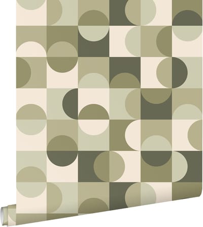 ESTAhome behang cirkels in Bauhaus stijl vergrijsd groen en beige - 50 x 900 cm - 130940