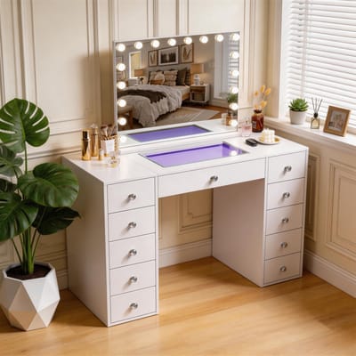 VANITII GLOBAL Kaptafel Met Spiegel LED RGB 11 Ladens Wit 130 x 55 x 139 cm