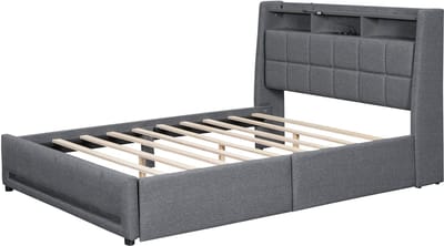 Gestoffeerd bed, 140 x 200 cm, matras niet inbegrepen, afstandsbediening via app, met ledverlichting, nachtkastje met lade met stopcontact en usb-poort, ingebouwde opbergvakken, beddengoed, grijs.