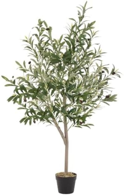 Kunst plant - Olijfboom 150 cm met Natuurlijk Uiterlijke Houten Stam en Realistische Vruchten - Nep Plant voor Binnen en Buiten in Zwarte Pot - Decoratieve Kunstplant voor Woonkamer, Kantoor en Balkon