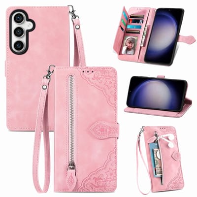 Voor Samsung Galaxy S24 5G reliëf bloem rits lederen telefoonhoes (roze)