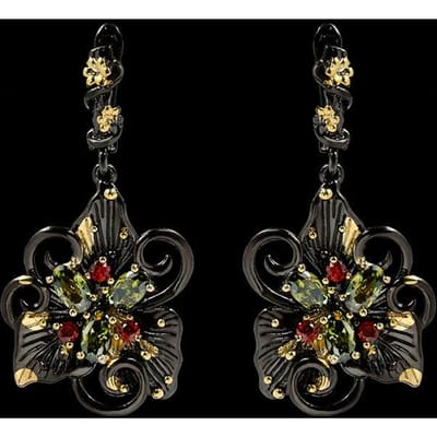 Boucles d'oreilles Orchidée Élégantes et Stylées en Or Noir et Zircon Vert