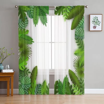 Tropische Groene Bladeren Transparant Gordijn Voor Woonkamer Modern Voile Tule Raamgordijnen Voor Slaapkamer Keuken Gordijnen 135W x 114H(cm) white