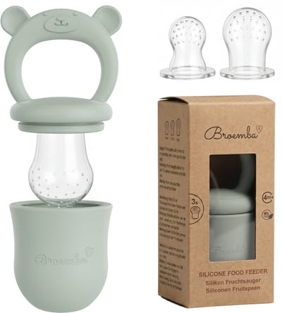 Broemba Fruitspeen Baby - Set met 3 Spenen - Sabbelzakje met Bijtring - 100% siliconen Fopspeen voor groente & fruit - Groen