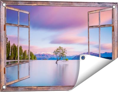 Gards Tuinposter Doorkijk Wanaka Boom in het Water bij Zonsopgang - 60x40 cm - Tuindoek - Tuindecoratie - Wanddecoratie buiten - Tuinschilderij