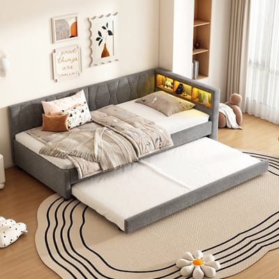 DESMIU Gestoffeerd Bed 90x200cm – Slaapbank Met Uittrekbed En Opbergvakken – Met Ledverlichting En Oplaadpunt – Jeugd En Slaapkamer – Linnen – Grijs – Zonder Matras
