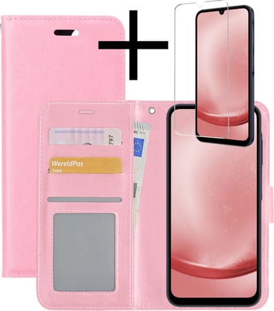 Hoesje - Met Screenprotector - Geschikt voor Samsung Galaxy A25 - Luxe Pasjeshouder - Bookcase Portemonee - Flip Case - Kunstleer Book Case - Flipcase - Book Cover - Walletcase - Portemonneehoes - Lichtroze