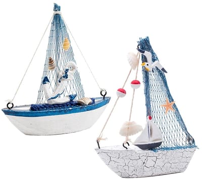 Golden crown - Houten maritieme boot - Nautische decoratie - Perfect voor kantoor - Blauw en wit - Model zeilboot - Set van 2