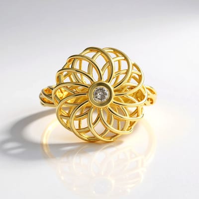Cavill - Elegante 925 Sterling Zilver Ring - 18K Goud Verguld - 0,099 ct Champagne Diamant - Ronde Briljant Bloem Design - Afrikaans Geïnspireerd